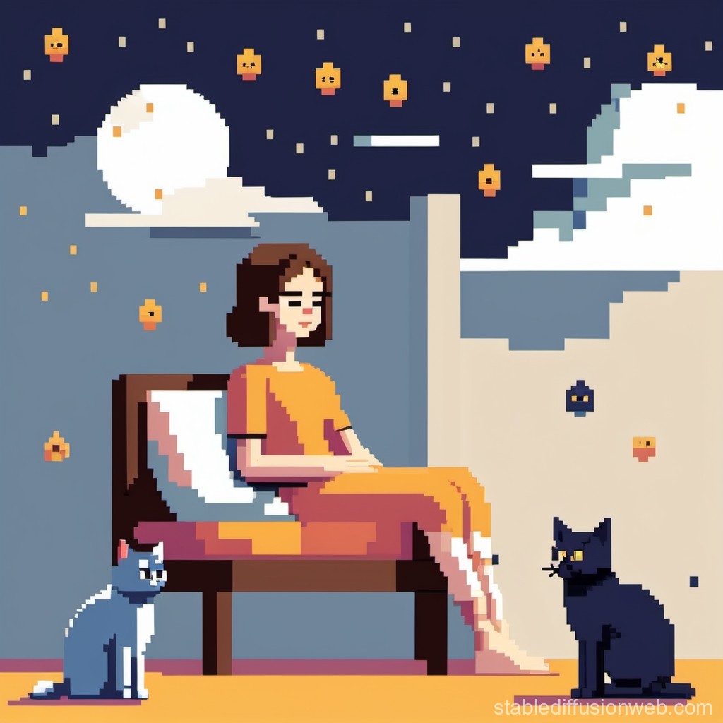 Mujer soñando con gato negro y gato blanco